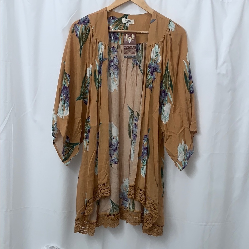 Umgee Marigold Floral Print‎ Kimono Cardigan Crochet Hem Mustard S/M A4257